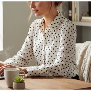 NWT Lauren Conrad Black & Cream Polka Dot Long Sleeve Button Up Blouse Sz SP